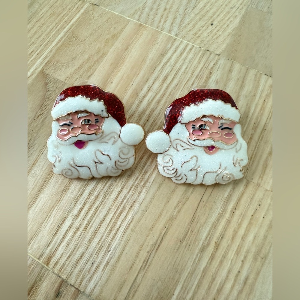 Winking Santa gold tone enamel earrings for pierced ears